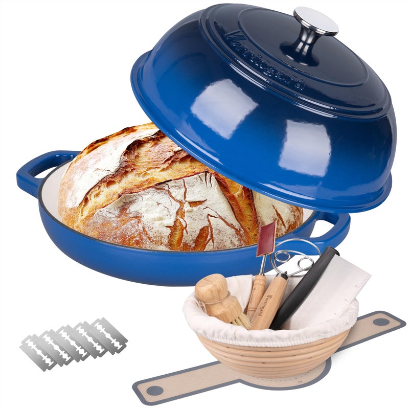 VORRINGARD Enameled Cast Iron Dutch Oven Pot with Lid, Bread Oven for Sourdough Bread Baking, Dutch Ovens with Bread Proofing Basket& Baking Supplies Set, 6 Quart, Blue - Image 1