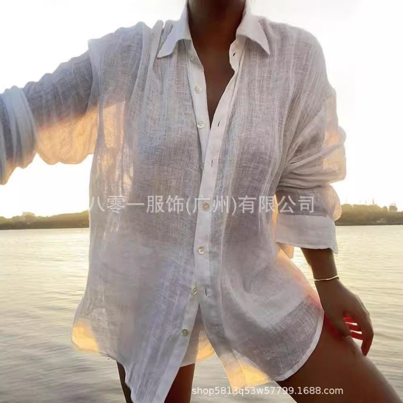 2024 New Single-Breasted Pleated Lapel Shirt Independent Station Explosions Solid Color Fashion Cotton Linen Top - Image 5