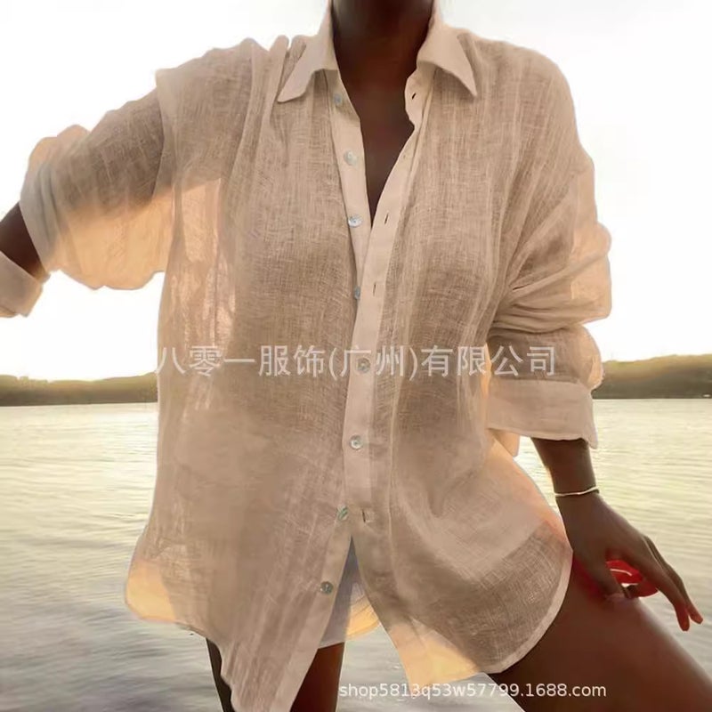 2024 New Single-Breasted Pleated Lapel Shirt Independent Station Explosions Solid Color Fashion Cotton Linen Top - Image 4