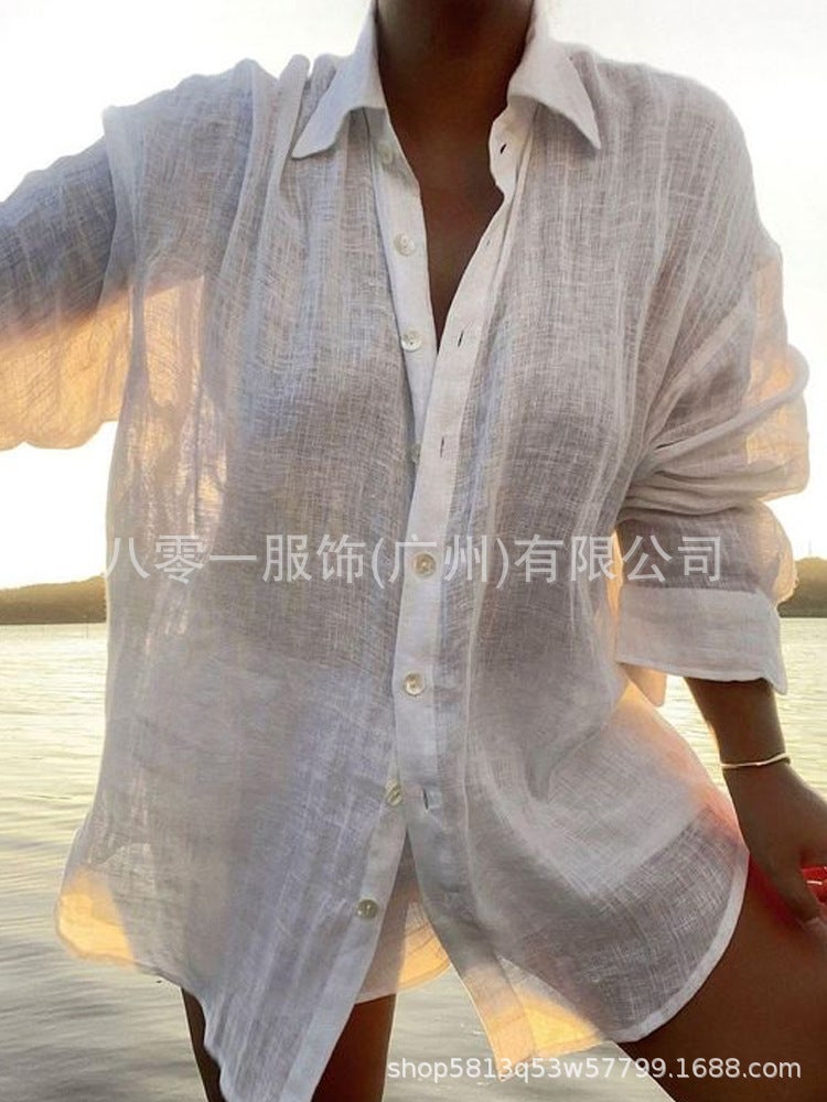 2024 New Single-Breasted Pleated Lapel Shirt Independent Station Explosions Solid Color Fashion Cotton Linen Top - Image 1