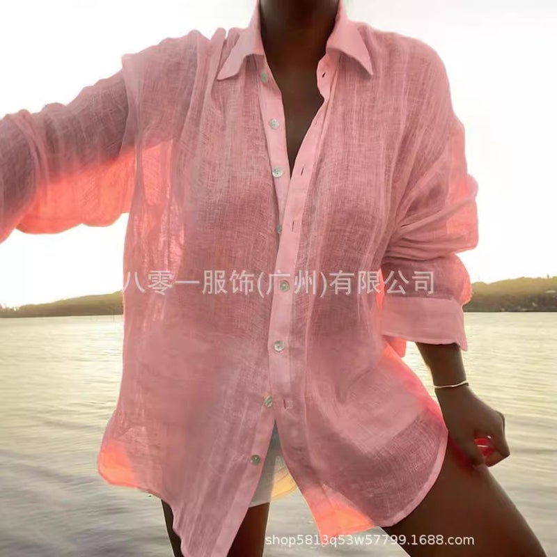 2024 New Single-Breasted Pleated Lapel Shirt Independent Station Explosions Solid Color Fashion Cotton Linen Top - Image 3