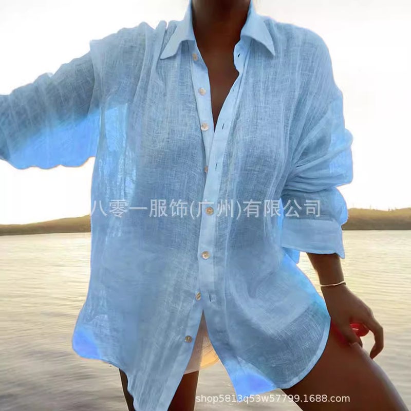 2024 New Single-Breasted Pleated Lapel Shirt Independent Station Explosions Solid Color Fashion Cotton Linen Top - Image 2