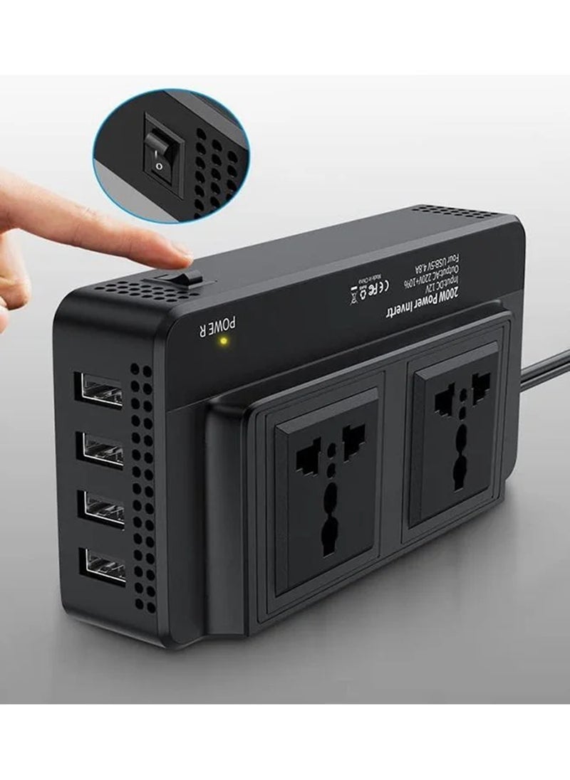 EzzySo - 200w Car Power Inverter Dc 12v to 220v Ac Car Inverter for Plug Outlet for Vehicles,Car Converter with 2-Pin Sockets & 4-USB Ports - Image 1
