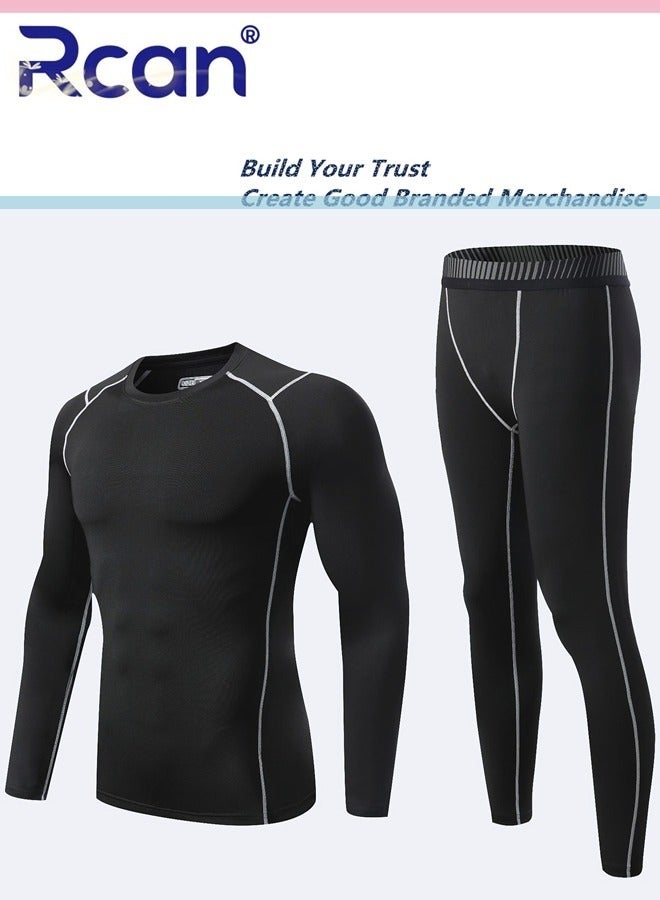 Rcan Men's Round Neck Quick Dry Sports Underwear Set, Lightweight Pajamas, Slim Fitting Outdoor Sport Body Sculpting Long Sleeved T-Shirt and Long Pants, High Elasticity Lined Basic Layer Bottoming Shirt - Image 1