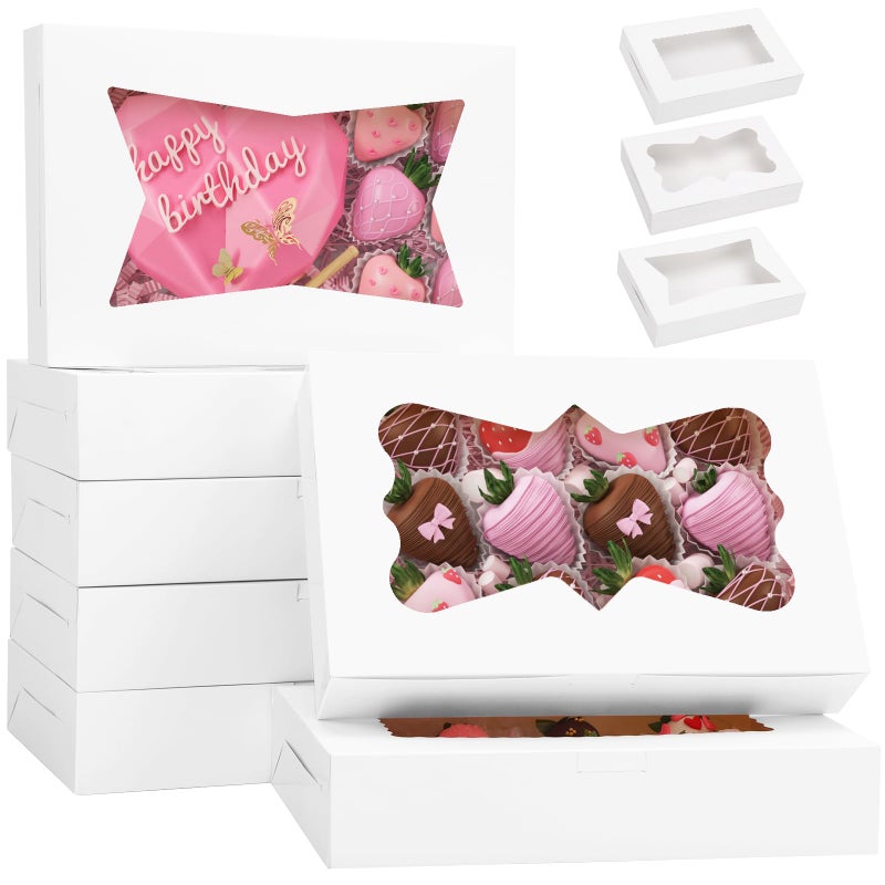 TOMNK 7pcs Cookie Boxes, 12x8x2.5 Inches White Bakery Boxes with 3 Style Window for Chocolate Covered Strawberries, Treats, Breakable Heart, Pastries, Desserts and Cake Pops - Image 1