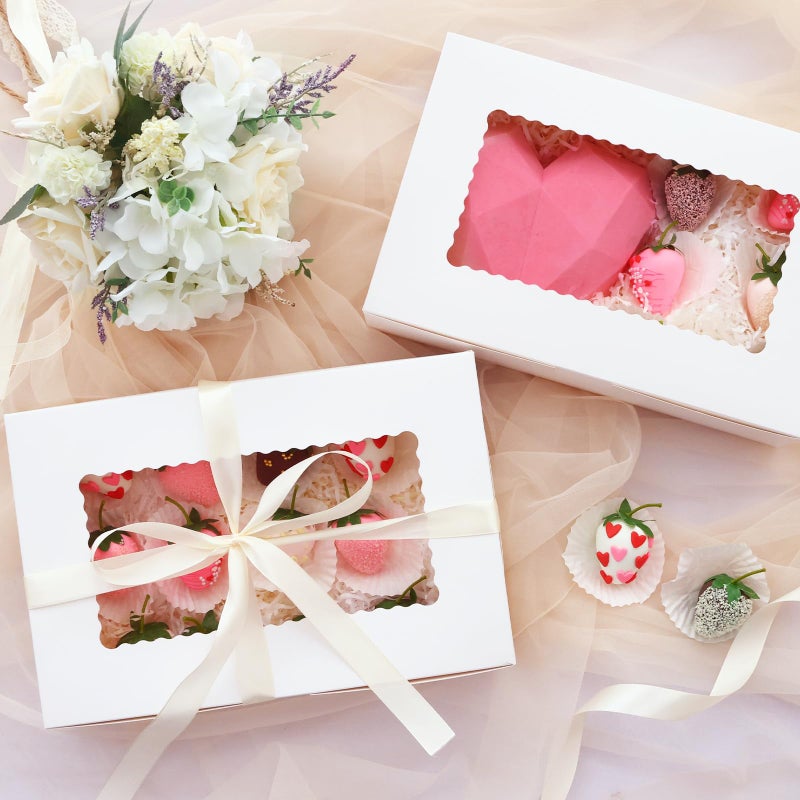 TOMNK 7pcs Cookie Boxes, 12x8x2.5 Inches White Bakery Boxes with 3 Style Window for Chocolate Covered Strawberries, Treats, Breakable Heart, Pastries, Desserts and Cake Pops - Image 5