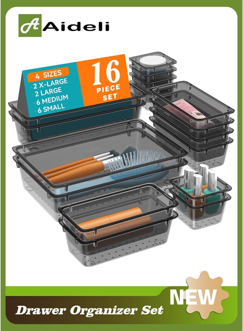 Aideli 16PCS Transparent Black Plastic Drawer Organizer Set with Non-Slip Pads – 4 Sizes Storage Trays for Bathroom, Kitchen, Makeup, Desk & Office - Image 1