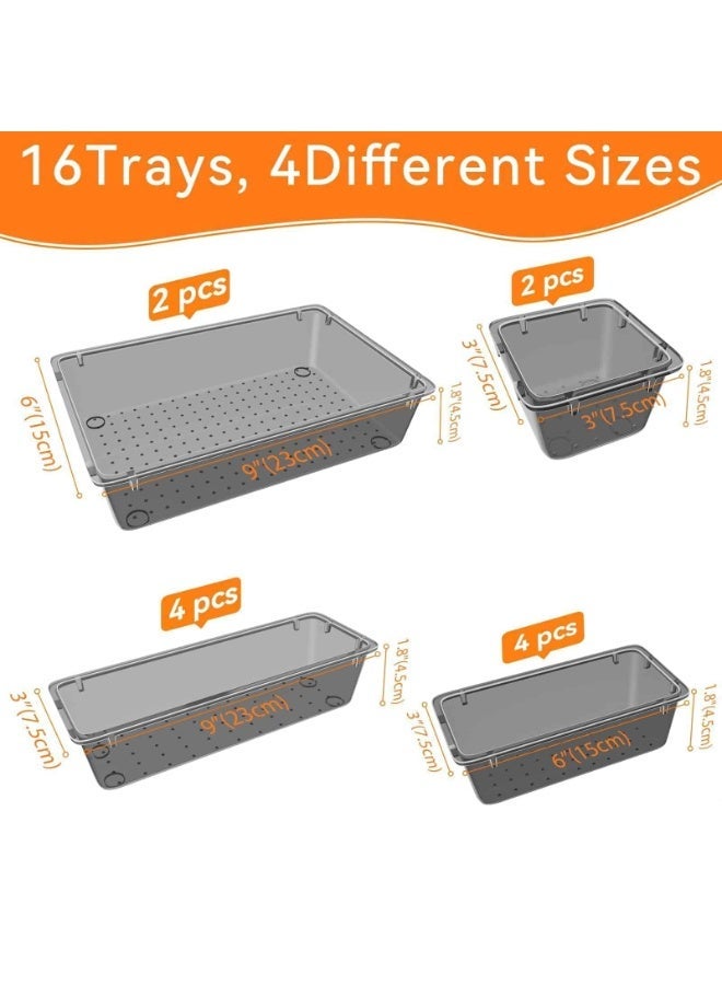 Aideli 16PCS Transparent Black Plastic Drawer Organizer Set with Non-Slip Pads – 4 Sizes Storage Trays for Bathroom, Kitchen, Makeup, Desk & Office - Image 2
