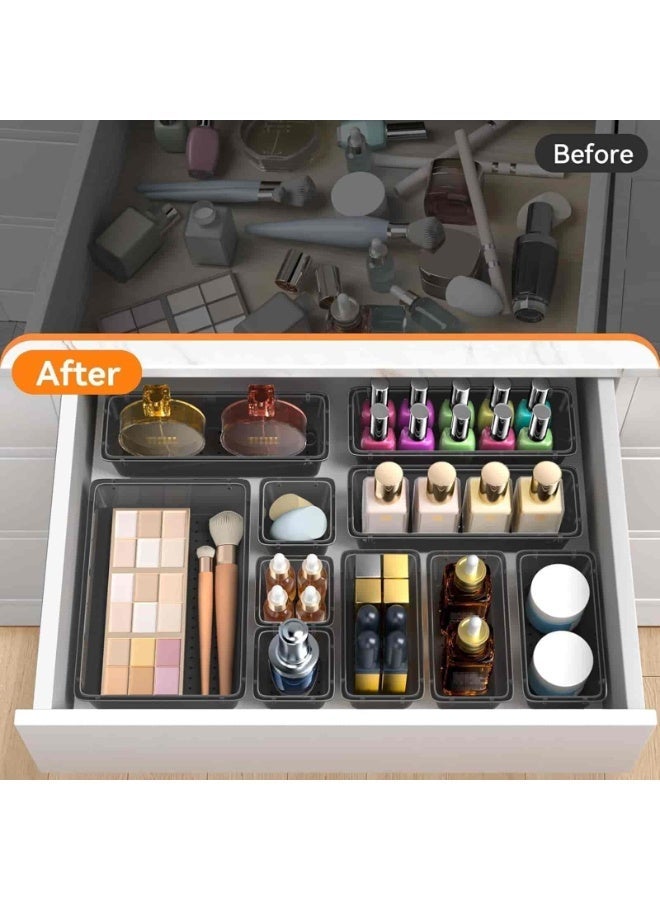 Aideli 16PCS Transparent Black Plastic Drawer Organizer Set with Non-Slip Pads – 4 Sizes Storage Trays for Bathroom, Kitchen, Makeup, Desk & Office - Image 3