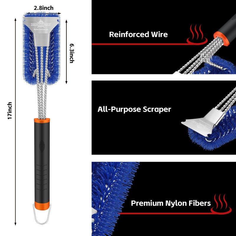 XUDAKAIXIN Grill Brush and Scraper, Safe Nylon Bristles Barbecue Triple Scrubbers Cleaning Brush for Cast Iron Grates/Porcelain/Weber Gas/Charcoal Grill,Extra Strong BBQ Cleaner Accessories (Blue) - Image 4