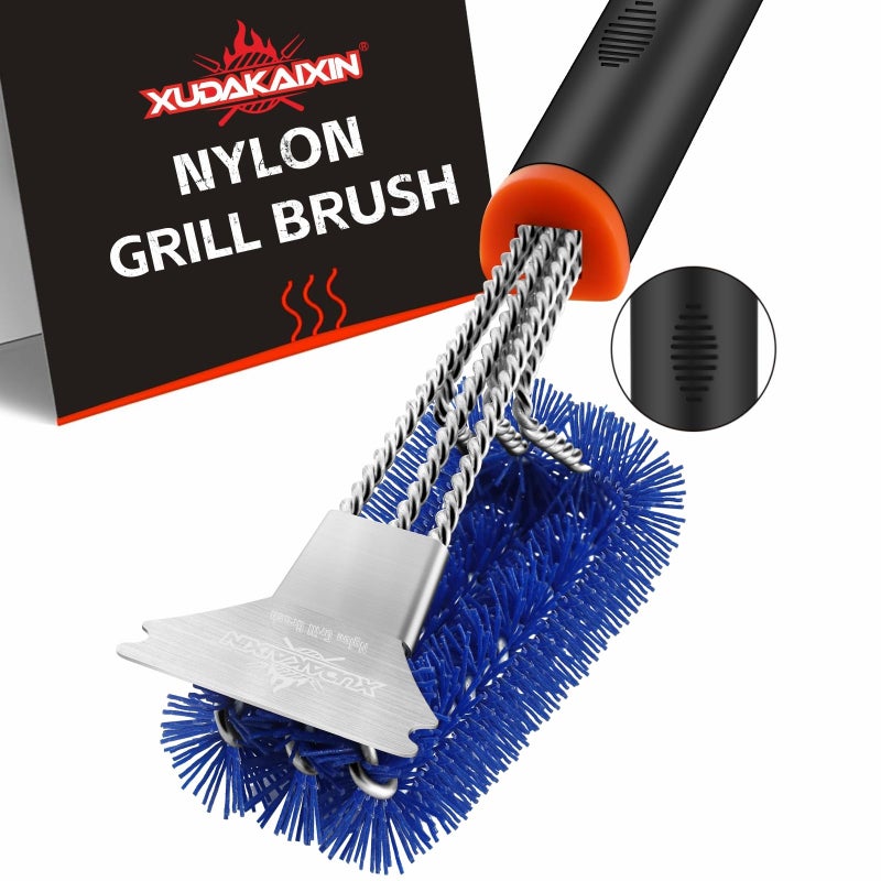 XUDAKAIXIN Grill Brush and Scraper, Safe Nylon Bristles Barbecue Triple Scrubbers Cleaning Brush for Cast Iron Grates/Porcelain/Weber Gas/Charcoal Grill,Extra Strong BBQ Cleaner Accessories (Blue) - Image 1