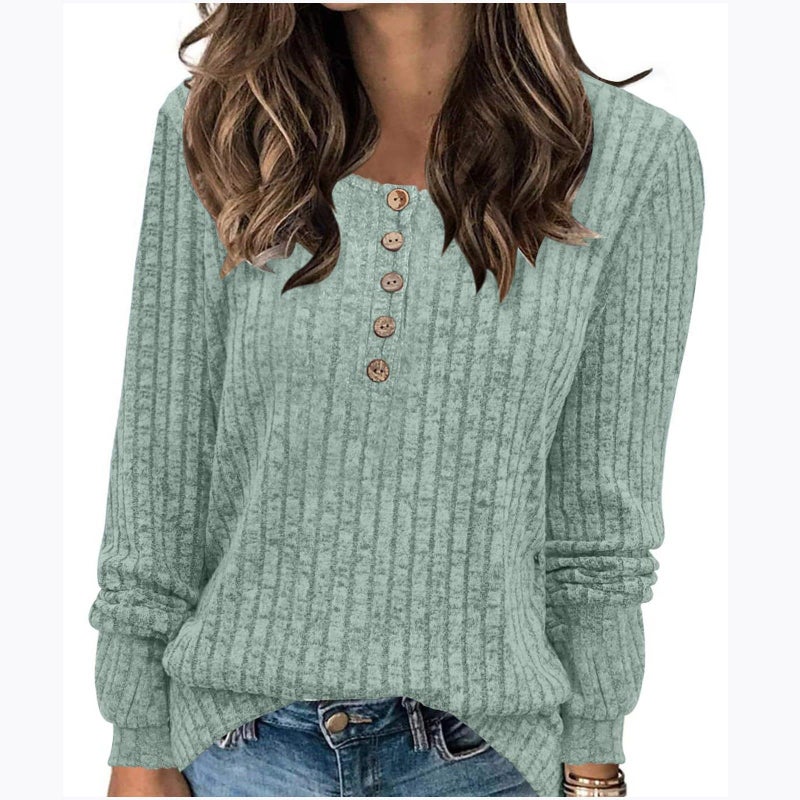 2024 New Women'S Clothing Women'S Crewneck Pit Strip Sanding Solid Color Button Solid Color Long Sleeve T-Shirt - Image 1