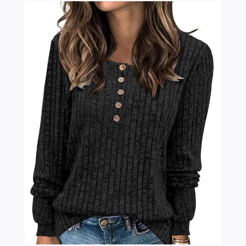 2024 New Women'S Clothing Women'S Crewneck Pit Strip Sanding Solid Color Button Solid Color Long Sleeve T-Shirt - Image 3