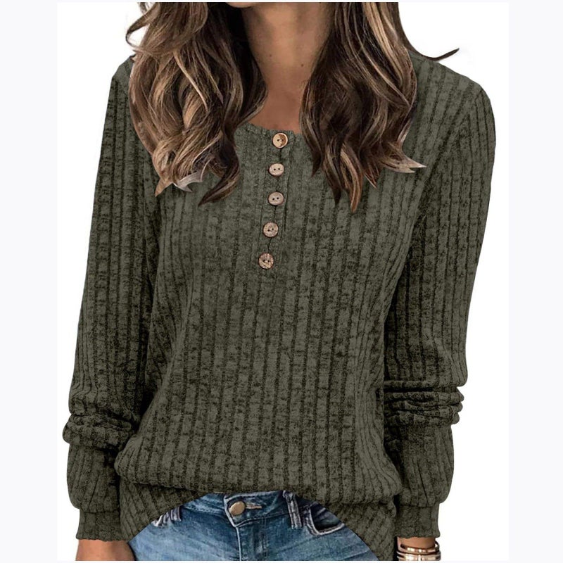 2024 New Women'S Clothing Women'S Crewneck Pit Strip Sanding Solid Color Button Solid Color Long Sleeve T-Shirt - Image 2