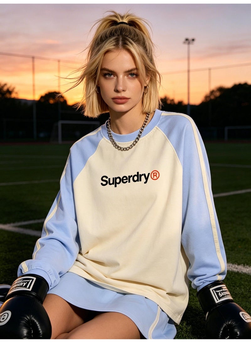 سوبر دراي Superdry with LOGO long-sleeved cotton T-shirt, casual color matching round neck shirt, striped side details, loose for men and women. - Image 1