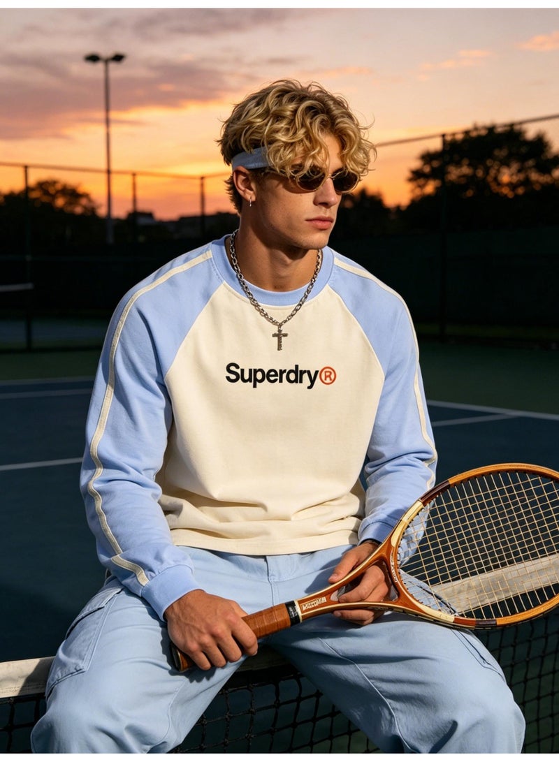 سوبر دراي Superdry with LOGO long-sleeved cotton T-shirt, casual color matching round neck shirt, striped side details, loose for men and women. - Image 3