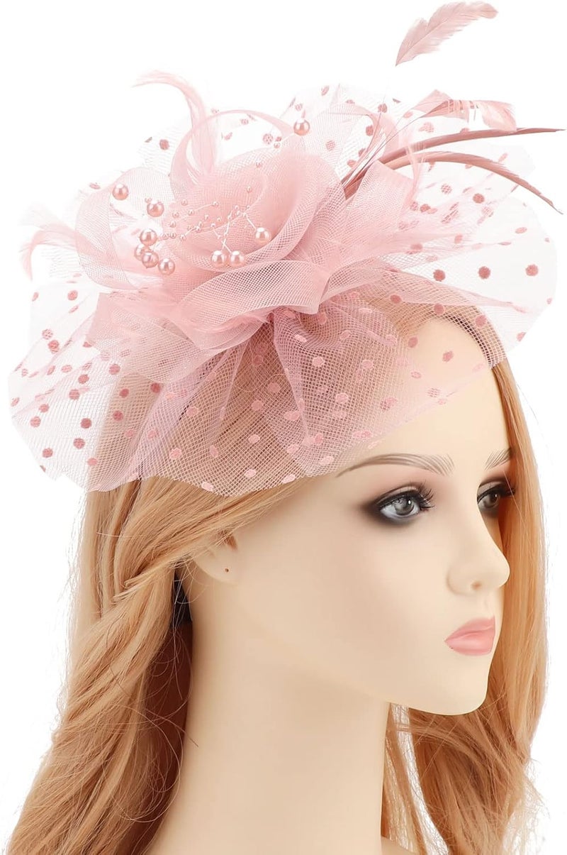 DRESHOW Fascinators Hat Flower Mesh Ribbons Feathers on a Headband and a Clip Tea Party Headwear for Girls and Women - Image 2