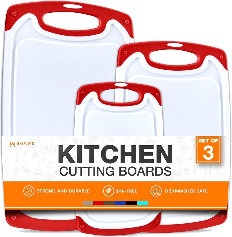 HOMWE Cutting Boards for Kitchen - BPA-Free Chopping Board - Different Sizes & Non Slip Handles - Reversible, Large Cutting Board Set - Unique Gifts for Cooks Who Have Everything - 3-Pack Red - Image 1