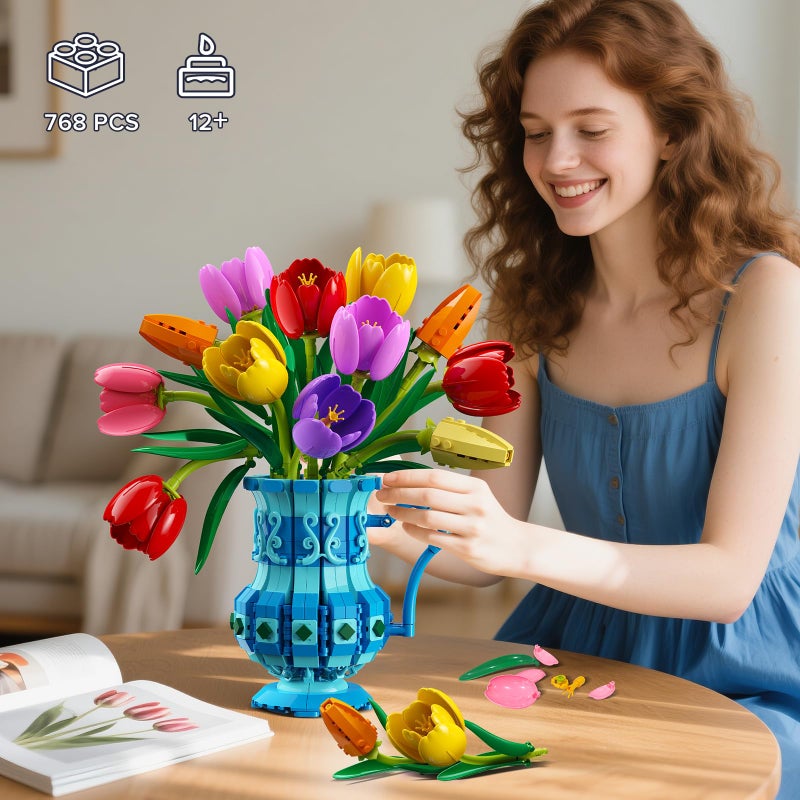 CUBIMANA Flowers Bouquet Building Set with Vase - Tulips Bonsai Building Block for Adults, Valentine's Day Gift for Her/Wife/Mom/Girlfriend, 768PCS Artificial Plant Botanical Collection for Home Decor - Image 3