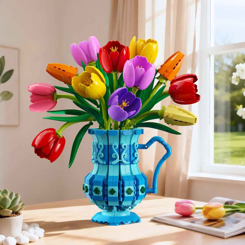 CUBIMANA Flowers Bouquet Building Set with Vase - Tulips Bonsai Building Block for Adults, Valentine's Day Gift for Her/Wife/Mom/Girlfriend, 768PCS Artificial Plant Botanical Collection for Home Decor - Image 4