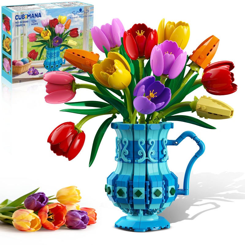 CUBIMANA Flowers Bouquet Building Set with Vase - Tulips Bonsai Building Block for Adults, Valentine's Day Gift for Her/Wife/Mom/Girlfriend, 768PCS Artificial Plant Botanical Collection for Home Decor - Image 1