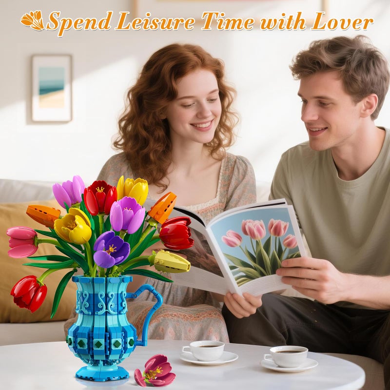 CUBIMANA Flowers Bouquet Building Set with Vase - Tulips Bonsai Building Block for Adults, Valentine's Day Gift for Her/Wife/Mom/Girlfriend, 768PCS Artificial Plant Botanical Collection for Home Decor - Image 2
