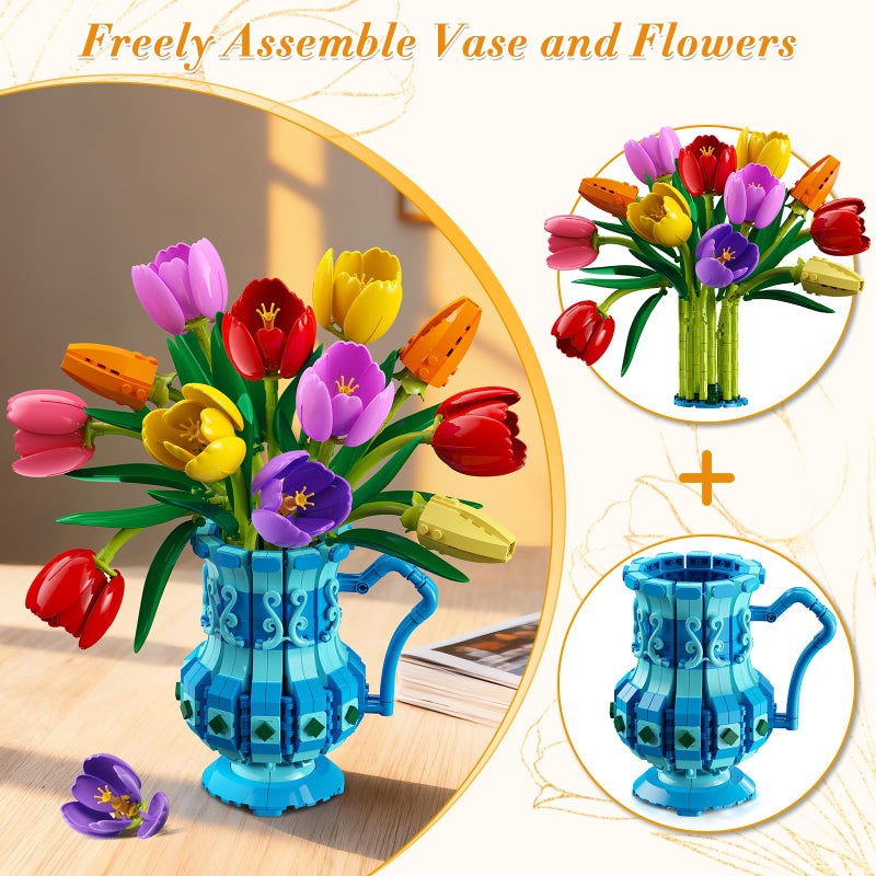 CUBIMANA Flowers Bouquet Building Set with Vase - Tulips Bonsai Building Block for Adults, Valentine's Day Gift for Her/Wife/Mom/Girlfriend, 768PCS Artificial Plant Botanical Collection for Home Decor - Image 5