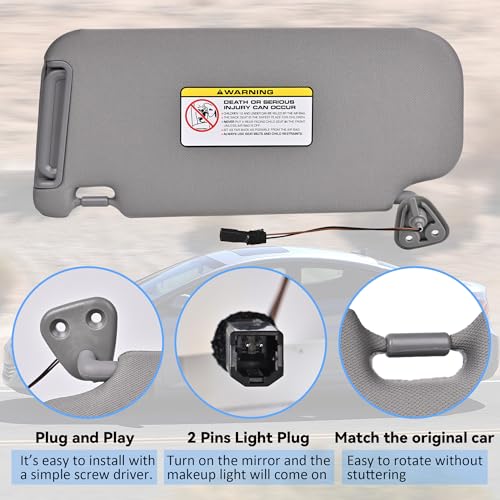 EKLN Sun Visor for Car Right Passenger Side Gray Sun Visor with Mirror Fit for Hyundai Elantra 2007-2010 Replace OE# 852022H0208M - Image 3