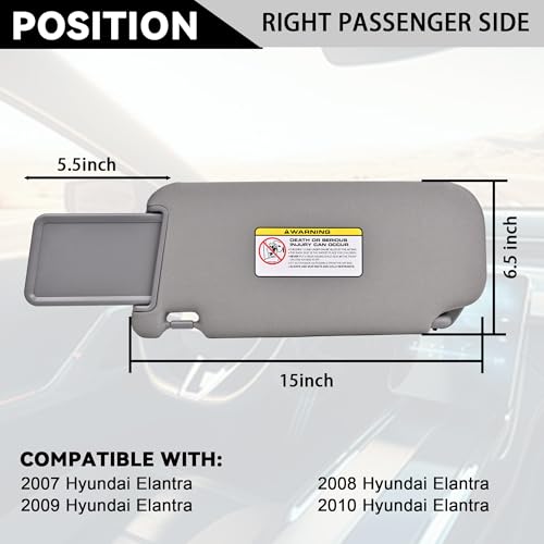 EKLN Sun Visor for Car Right Passenger Side Gray Sun Visor with Mirror Fit for Hyundai Elantra 2007-2010 Replace OE# 852022H0208M - Image 5