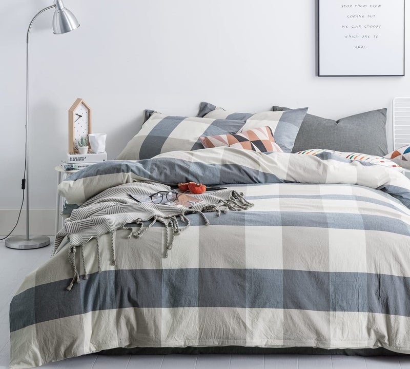 SUSYBAO Blue Checkered Duvet Cover Queen Size 100% Washed Cotton Plaid Duvet Cover Set 3 Pieces 1 Grid Duvet Cover with Zipper Ties 2 Pillow Cases Luxury Soft Blue Checkered Bedding Set Breathable - Image 2