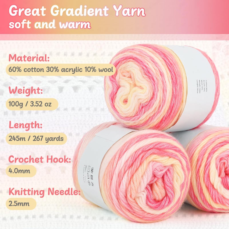 Aeelike Gradient Yarn, 6 Skeins OmbrÃ© Fairyland Yarn for Crocheting 100g (3.52 oz) 245m (267 Yards) # 3 Light Weight, Vibrant Cake Yarns for Making Colorful Blanket Scarves Hat, Pink Yellow Gradient - Image 3