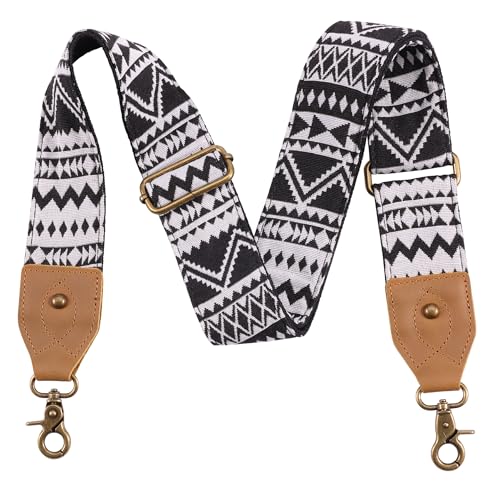 Nefelibata Purse Strap-2" Crazy Horse Leather Wide Shoulder Strap Adjustable Replacement,Retro Jacquard Embroidery Multi-pattern Crossbody Bag Straps for Handbag,Crossbody Bags(Indian Black) - Image 1