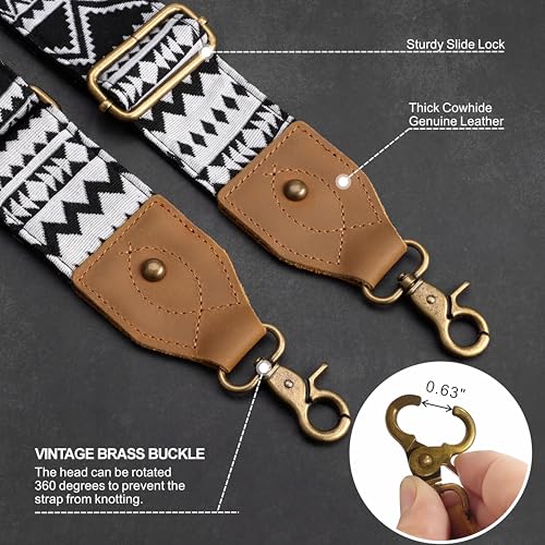 Nefelibata Purse Strap-2" Crazy Horse Leather Wide Shoulder Strap Adjustable Replacement,Retro Jacquard Embroidery Multi-pattern Crossbody Bag Straps for Handbag,Crossbody Bags(Indian Black) - Image 3