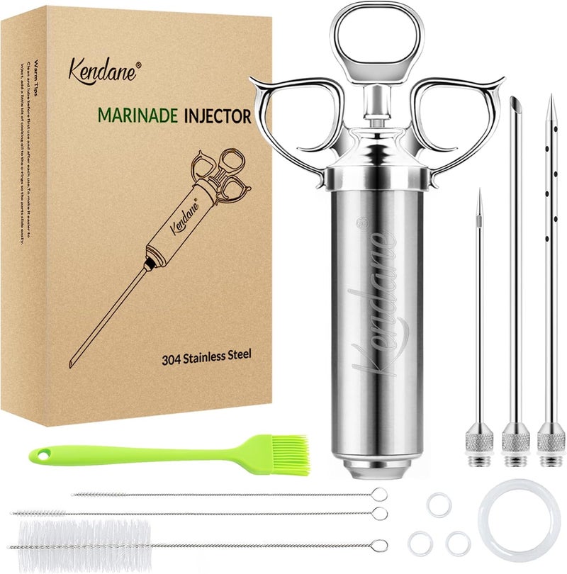 Kendane Meat Injector Syringe 2-oz Marinade Flavor Barrel 304 Stainless Steel with 3 Marinade Needles for BBQ Grill Smoker, Turkey, Fish, Brisket, Paper Silicone Brush and Instruction Included by - Image 1