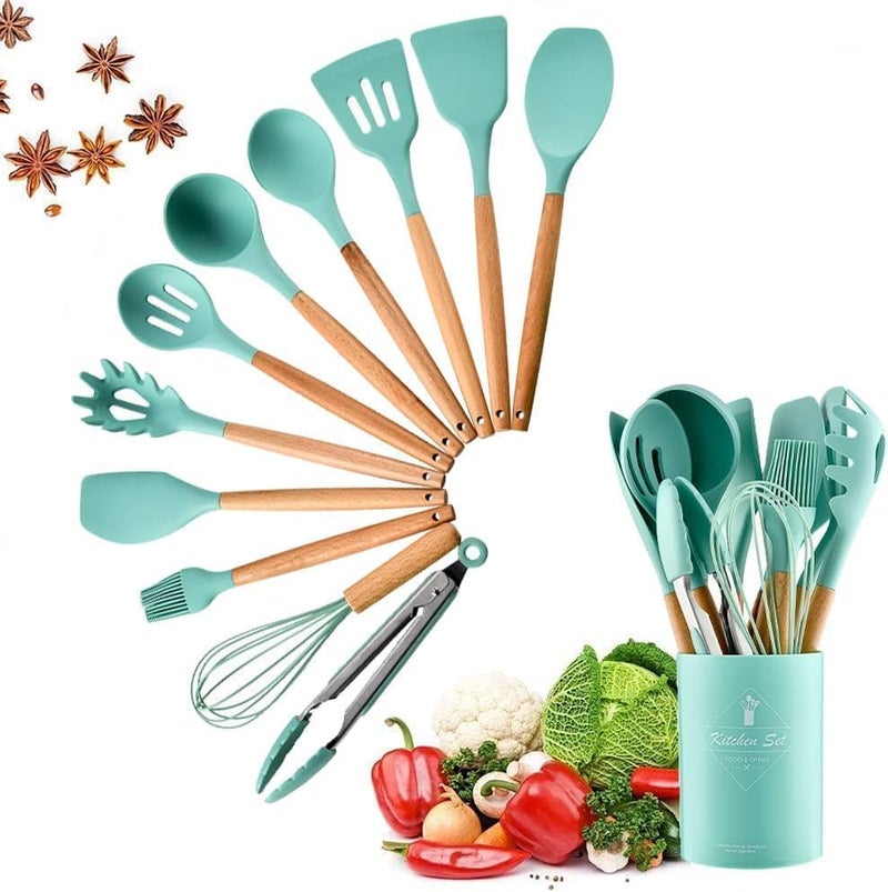 MOBDESK 12 Pcs Wooden Spaula Set, Non-Stick Silicone Cooking Kitchen Utensils Set with Holder, Wooden Handle Silicone Kitchen Gadgets Utensil Set Non Toxic Silicone Set (Green) - Image 1