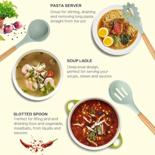 MOBDESK 12 Pcs Wooden Spaula Set, Non-Stick Silicone Cooking Kitchen Utensils Set with Holder, Wooden Handle Silicone Kitchen Gadgets Utensil Set Non Toxic Silicone Set (Green) - Image 2