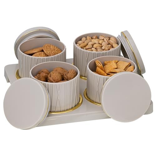 Selvel Dune Airtight Dry Fruit Container Tray Set -4 Pcs (450ml) Multi-Color (Emerald Green, Classic White, Bluish Grey) Polypropylene with Subtle Gold Rim (Repose Grey) - Image 1