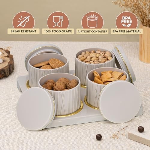 Selvel Dune Airtight Dry Fruit Container Tray Set -4 Pcs (450ml) Multi-Color (Emerald Green, Classic White, Bluish Grey) Polypropylene with Subtle Gold Rim (Repose Grey) - Image 4