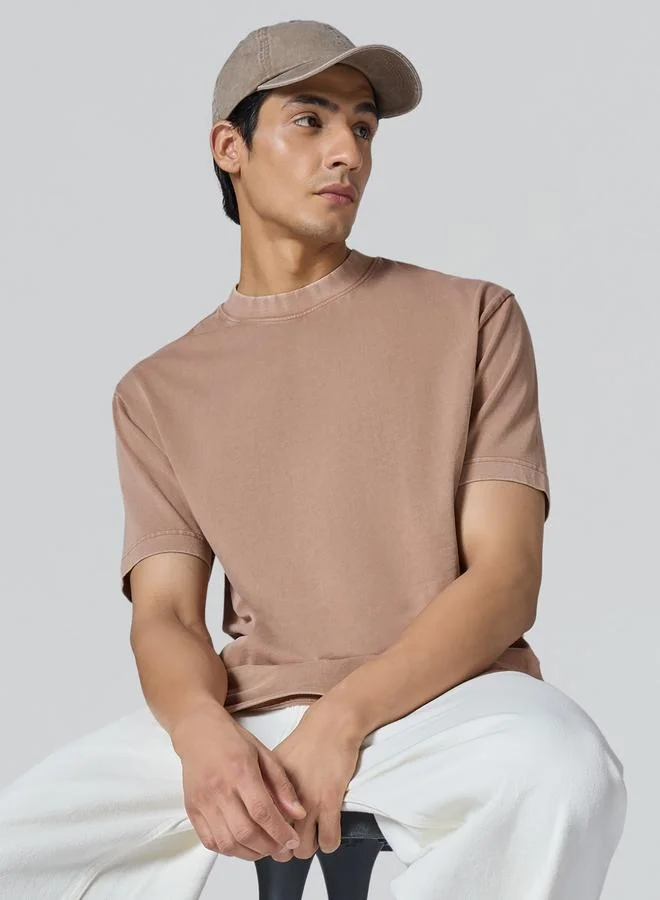 XYXX Men Brown Cotton Acid Wash T-Shirt