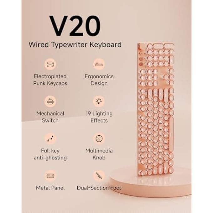 EWEADN TYPEWRITER STYLE MECHANICAL GAMING KEYBOARD, WIRED MECHANICAL KEYBOARDS,104 KEYS BACKLIT LED KEYBOARDS, MEDIA CONTROL KNOB, WIRED COMPUTER KEYBOARD PINK SWITCH FOR WINDOWS/MAC/PC-PINK - Image 3