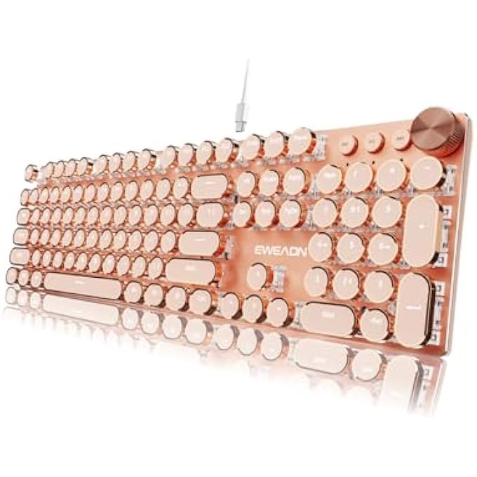 EWEADN TYPEWRITER STYLE MECHANICAL GAMING KEYBOARD, WIRED MECHANICAL KEYBOARDS,104 KEYS BACKLIT LED KEYBOARDS, MEDIA CONTROL KNOB, WIRED COMPUTER KEYBOARD PINK SWITCH FOR WINDOWS/MAC/PC-PINK - Image 1