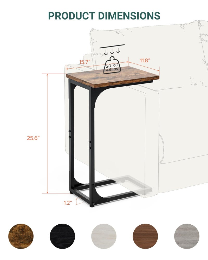 RISWER C-Shaped Side Table for Couch - Small Coffee Stand Sofa Tray Desk with Metal Frame and Waterproof Scratch Resistant, Modern End Accent for Living Room, Bedroom, Set of 2, Rustic Brown - Image 3