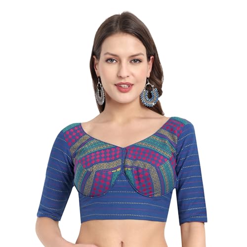 JISB Women's Cotton Sweet Heart Neck Back Open Blouse (Blue, 44) - Image 1