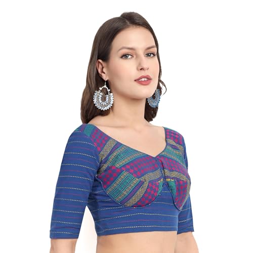 JISB Women's Cotton Sweet Heart Neck Back Open Blouse (Blue, 44) - Image 2