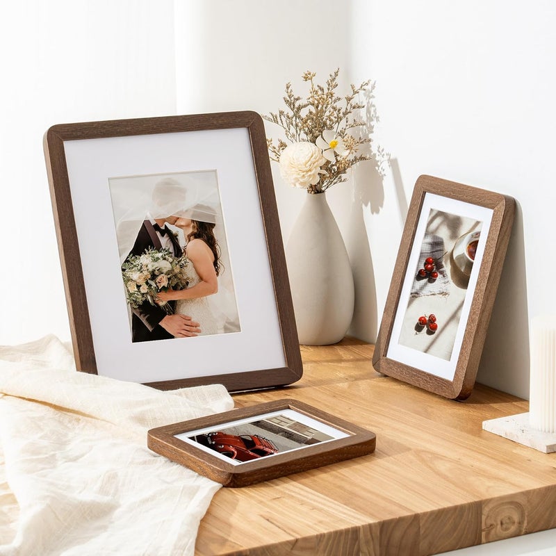 FLYJOE A4 Solid Oak Wood Photo Frame | A4 Picture Frame With Mat For A5 | Plexiglass And Hanging Hardware Included | Walnut, 1 Pack - Image 2