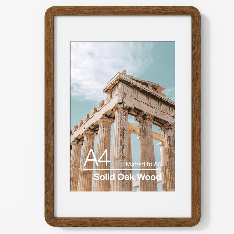 FLYJOE A4 Solid Oak Wood Photo Frame | A4 Picture Frame With Mat For A5 | Plexiglass And Hanging Hardware Included | Walnut, 1 Pack - Image 1