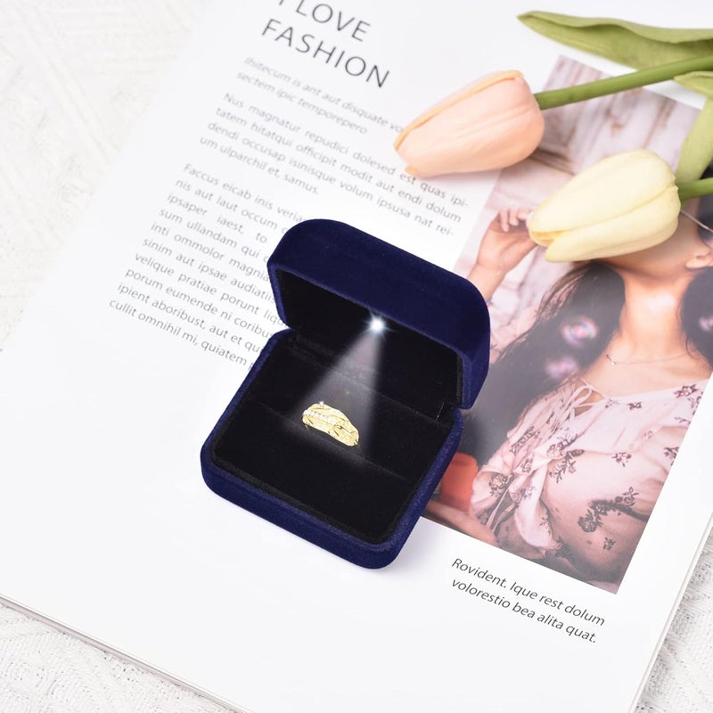 Omeet Velvet Metal Glossy with LED Jewelry Gift Box for Proposal, Engagement, Wedding - Easy to fit into Your Pocket or Handbag - Blue - Image 2