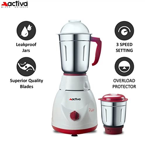 ACTIVA Pluto 2 Jar 500 Watts Mixer Grinder Comes With 2 Year Warranty Red & White - Image 3
