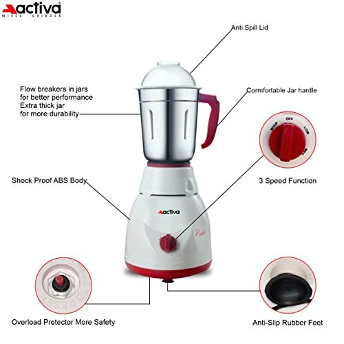 ACTIVA Pluto 2 Jar 500 Watts Mixer Grinder Comes With 2 Year Warranty Red & White - Image 4