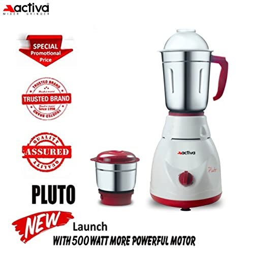 ACTIVA Pluto 2 Jar 500 Watts Mixer Grinder Comes With 2 Year Warranty Red & White - Image 2